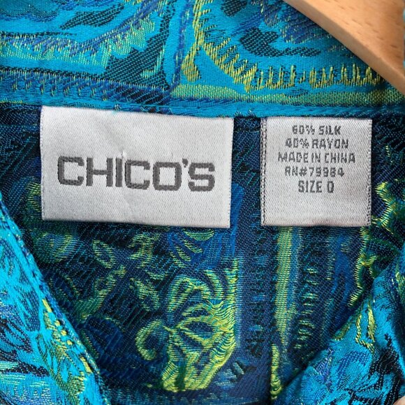 Chicos Jacket Womens 0 US 4 Green Blue Floral Silk Blend Button Asian Shimmer - Picture 5 of 9